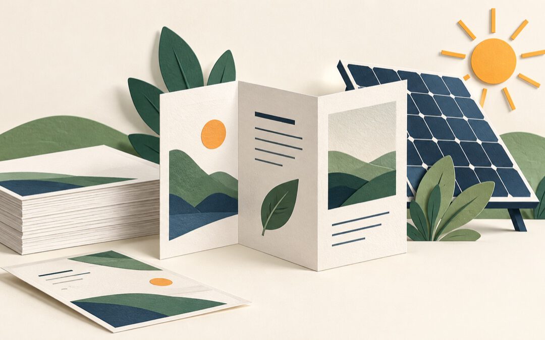Illustration von Broschüren und Papier neben einem Solarmodul und einer Sonne.