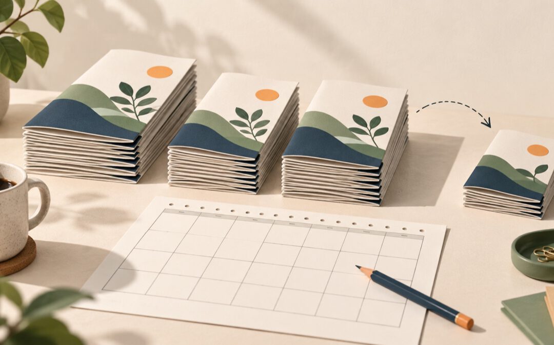 Mehrere kleine Broschürenstapel neben einem Kalender und einem Bleistift als Symbol für Auflagenplanung.