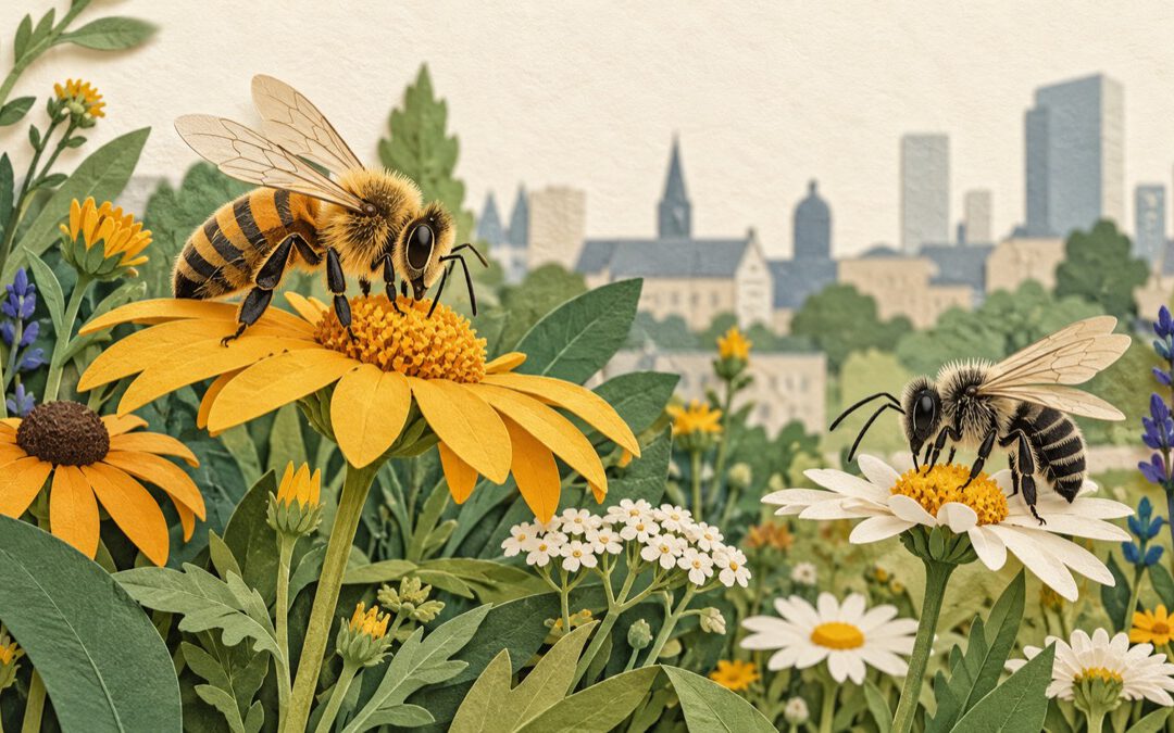 Papierillustration von zwei Bienen auf Wildblumen vor einer angedeuteten Stadtkulisse.